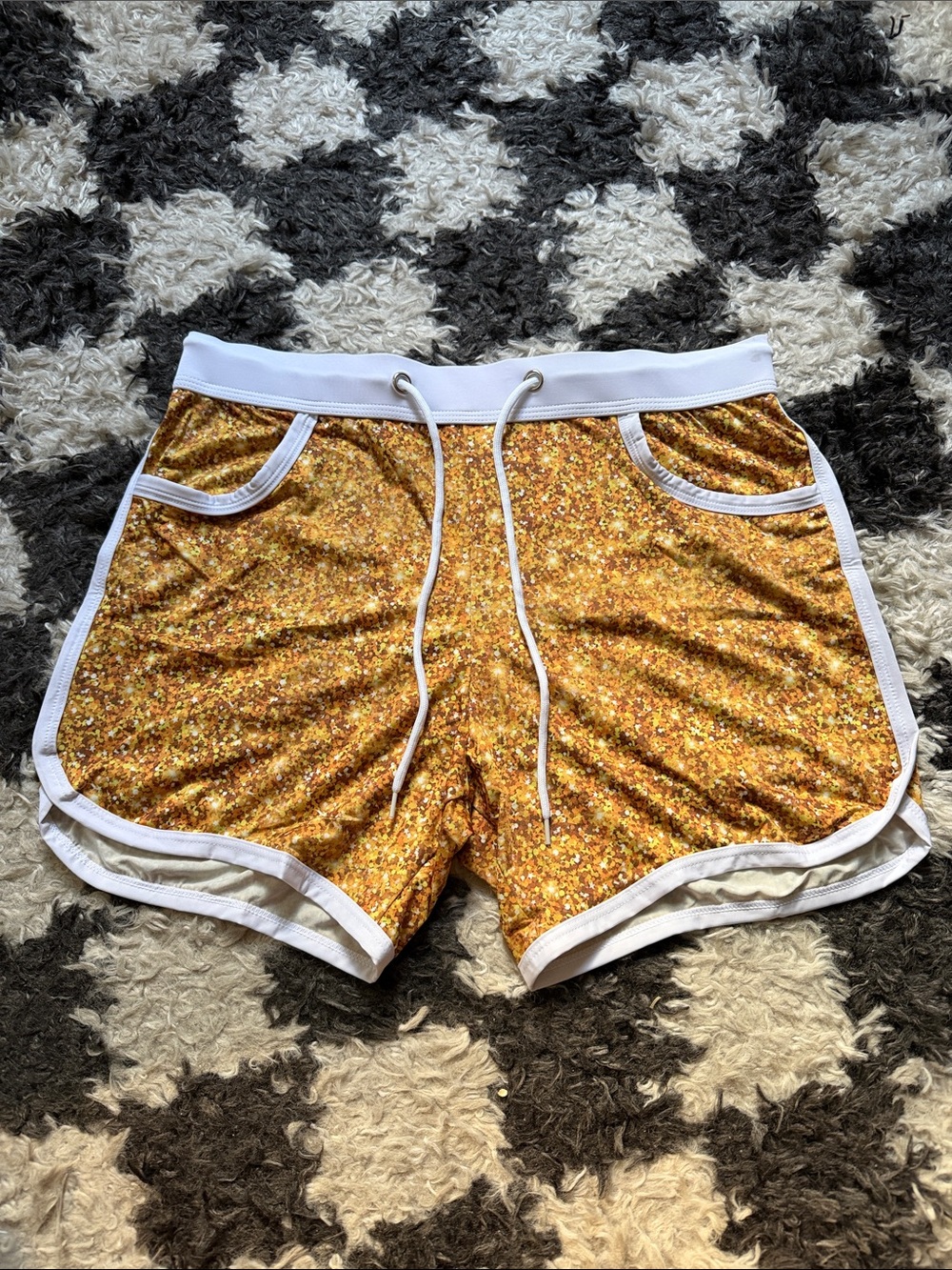 Men’s Gold Glitter Print Lounge Shorts with White Trim Medium w Pockets